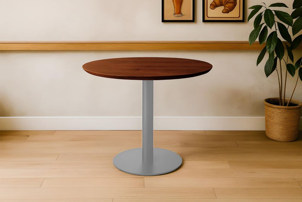 Runder Bistrotisch Brasilian | 90 x 90 cm | Akazienholz massiv | Farbe: Nussbaum | Schweizer Kante | Säulen-Gestell Metall Silber | Holztisch/Säu...