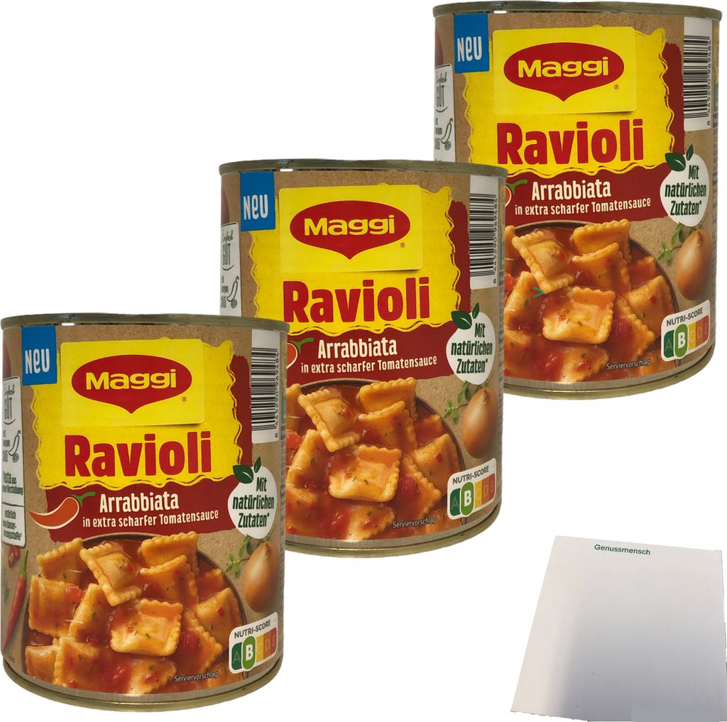 Maggi Ravioli Arrabiata in extra scharfer Tomatensauce 3er Pack (3x800g Dose) + usy Block