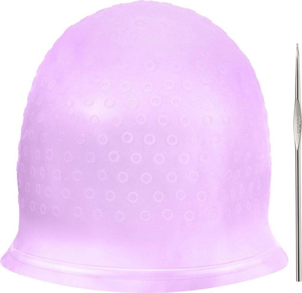 A purple highlighting cap and a silver crochet hook are displayed on a white background.