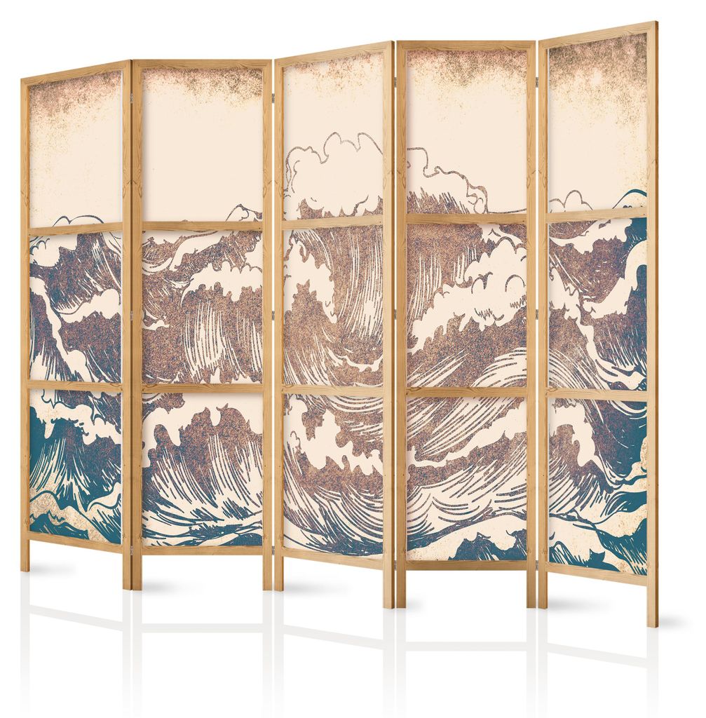 Muralo Japanischer PARAVENT 5-teilig Raumteiler klappbar PREMIUM-Vliesleinwand VINTAGE WELLEN für Schlafzimmer 225cmx172cm