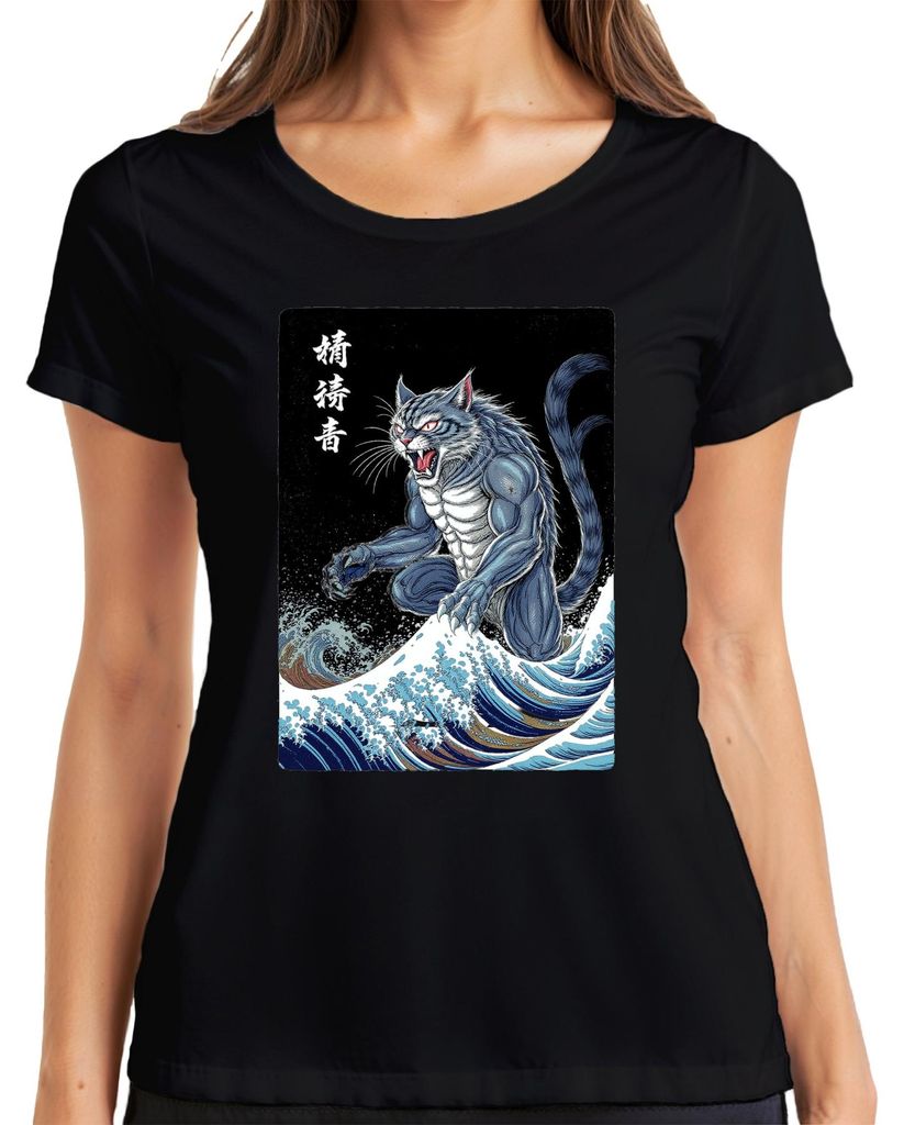Dämonenkatze Muskelkatze Große Welle Japanisch Ukiyoe Halloween Damen T-Shirt, Schwarz, 3XL