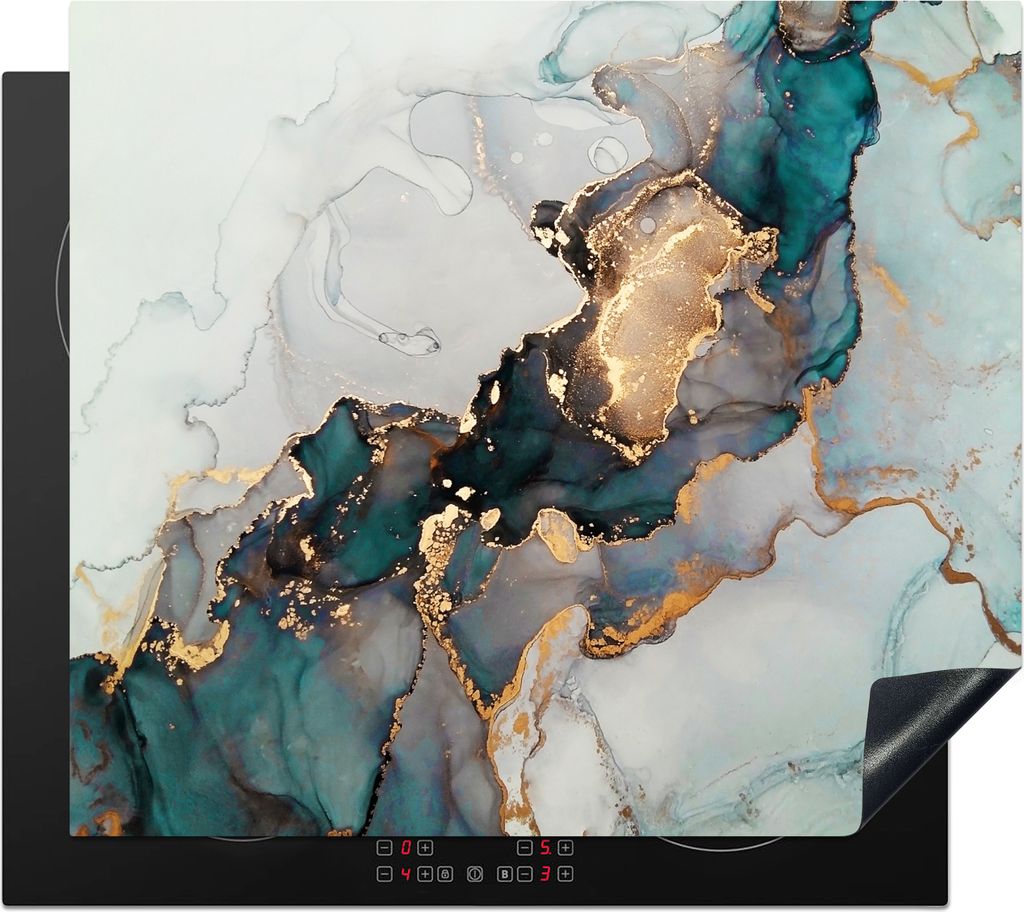 KitchenYeah Herdabdeckplatte Blau - Marmor - Gold , 58x51cm, Küche Deko, Glaskeramikfeld Herdabdeckung, Abdeckplatte fùr Kochfeld