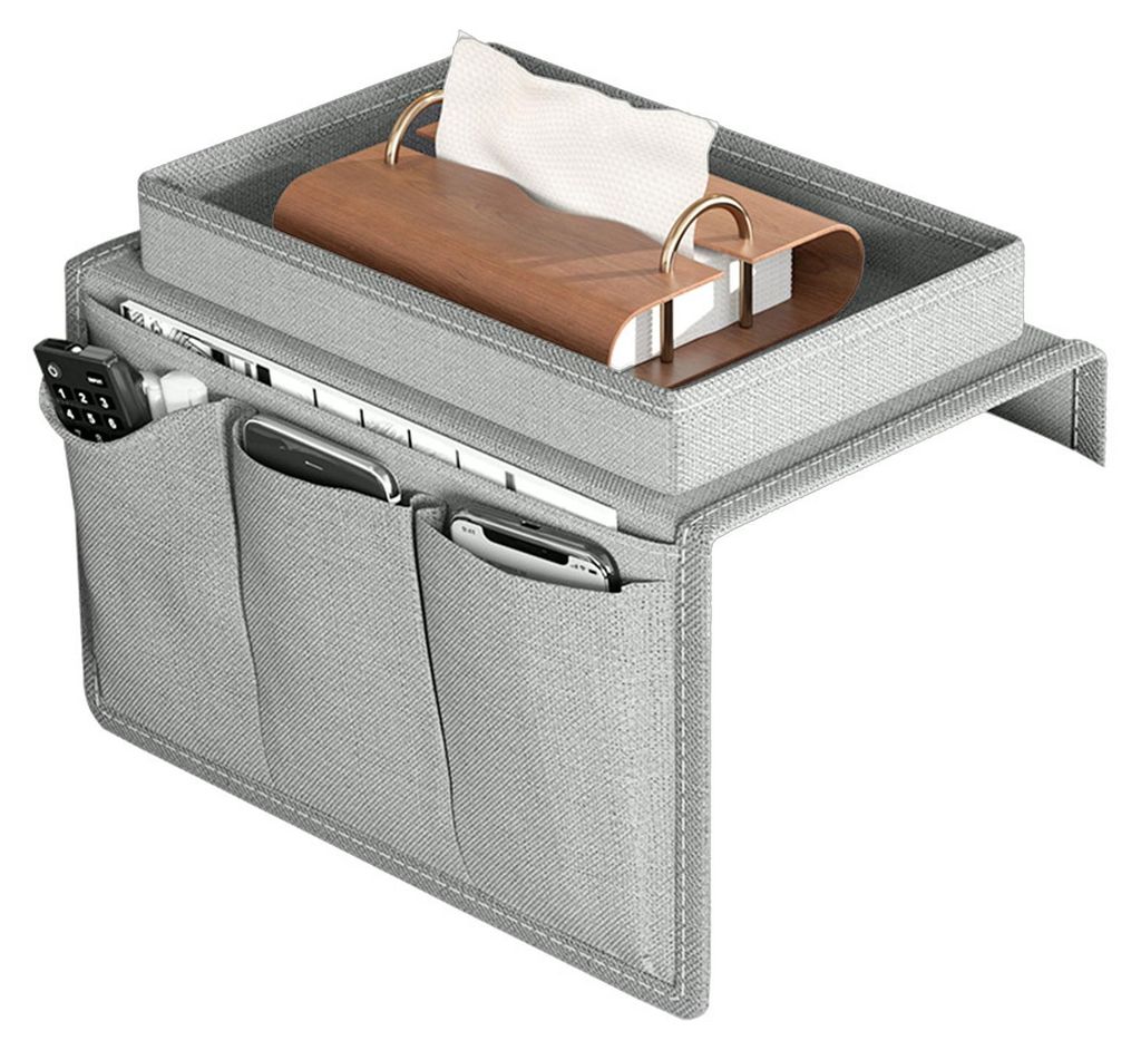 Couch-Getränkehalter-Tablett, Sofa-Armlehnen-Organizer mit Seitentaschen für Fernbedienungen, Handy, Tablet und Snacks