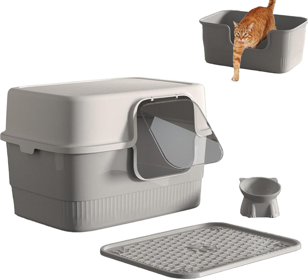 OKWISH Katzentoiletten geschlossen, Katzenklo, Katzenklo mit Schaufel, Katzentoilette geruchsdicht, Katzentoilette mit Futternapf und Matte, 52*38*35