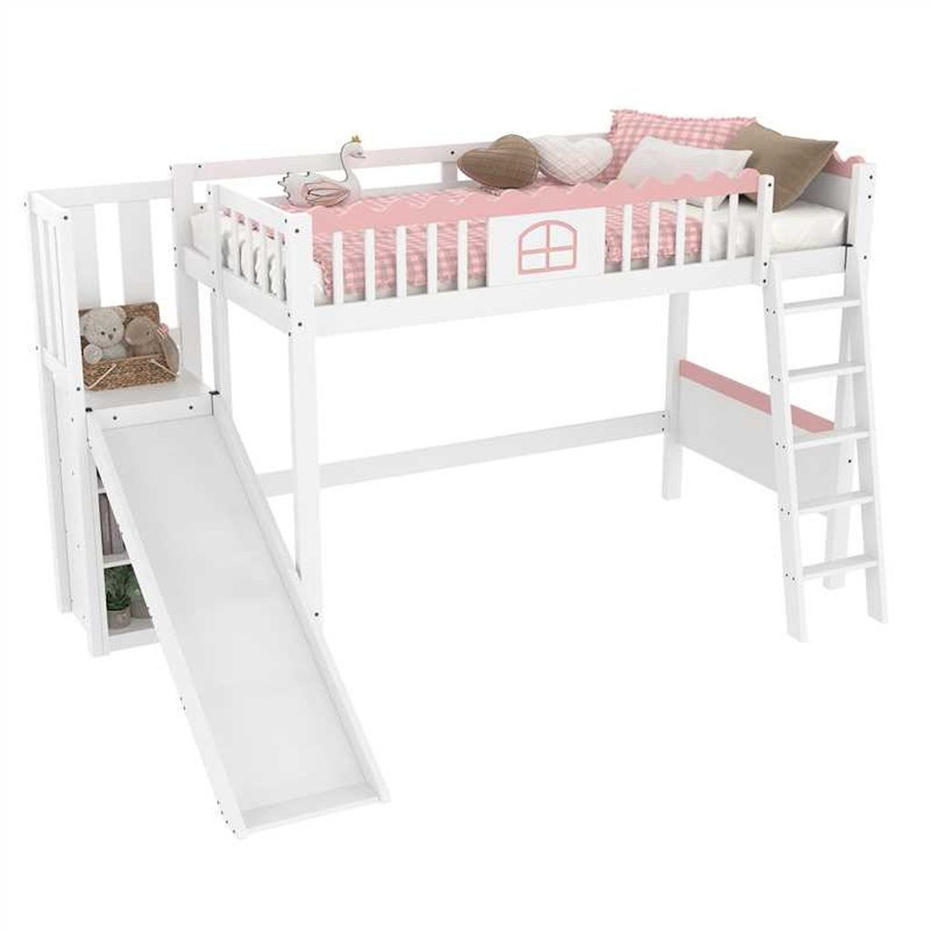 Hochbett mit LED-Beleuchtung (mit Rutsche und Regal, 90x200 cm) Kinderbett mit Rausfallschutz und Trittleiter, Kiefer
