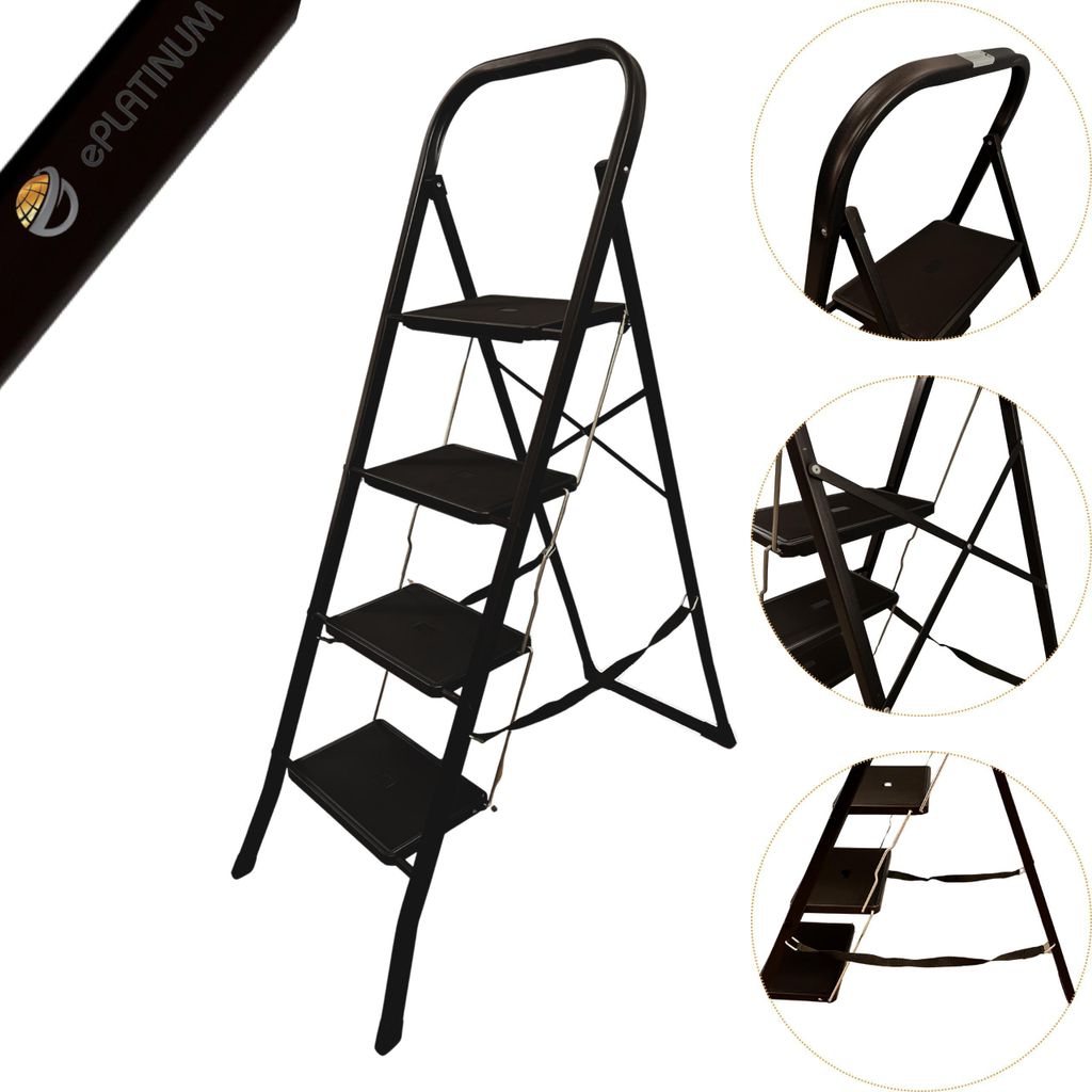 Haushaltsleiter 4-stufige Klappleiter aus Stahl 150 kg belastbar, robust, schwarz