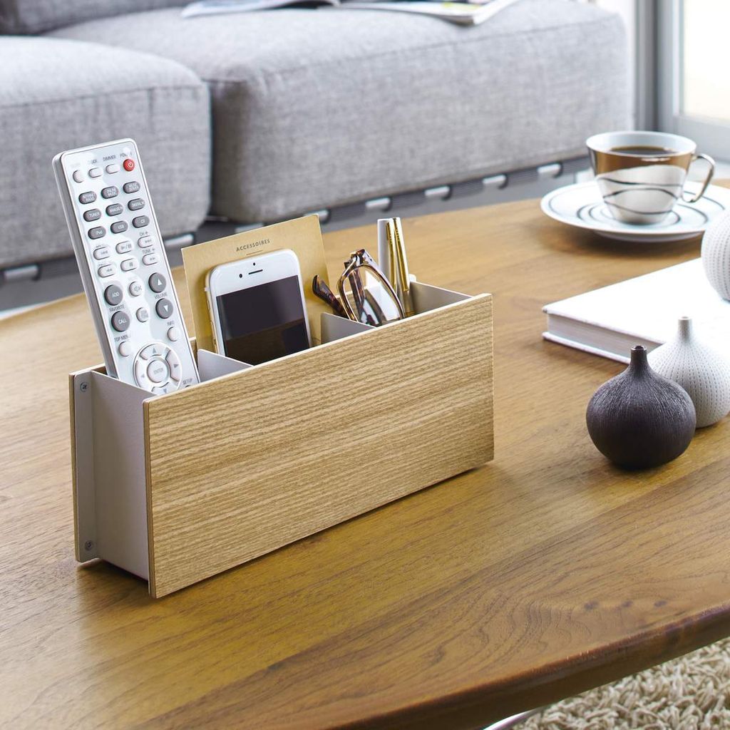Yamazaki Tischorganizer weiß aus Holz + Metall für Fernbedienung Handy Stifte