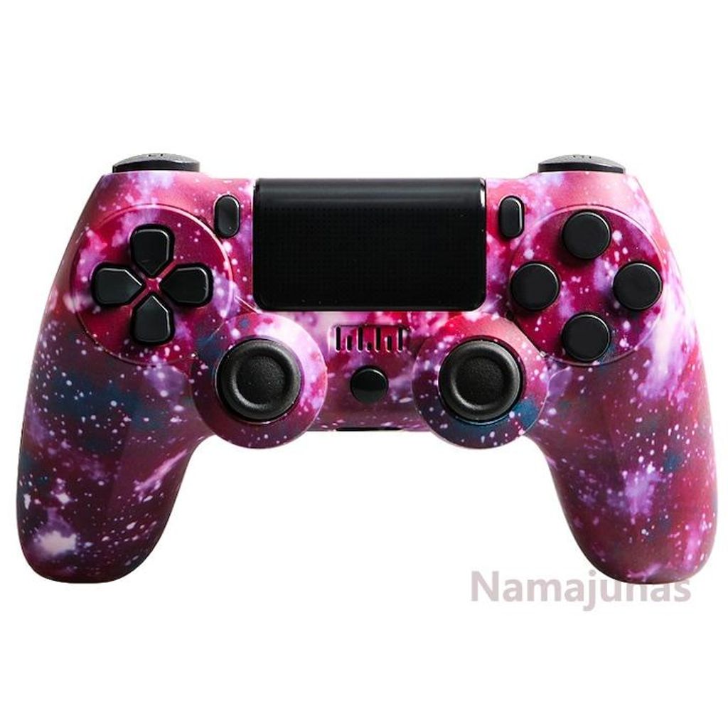 A video game controller with a galaxy-themed design.