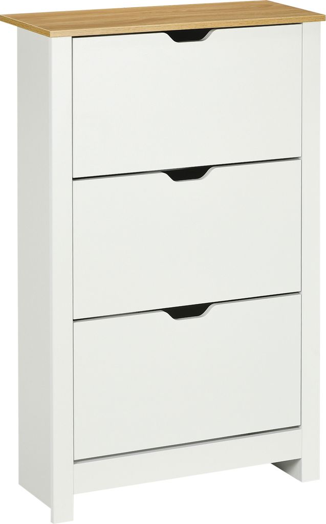A white shoe cabinet with a wooden top and three flip-down drawers.