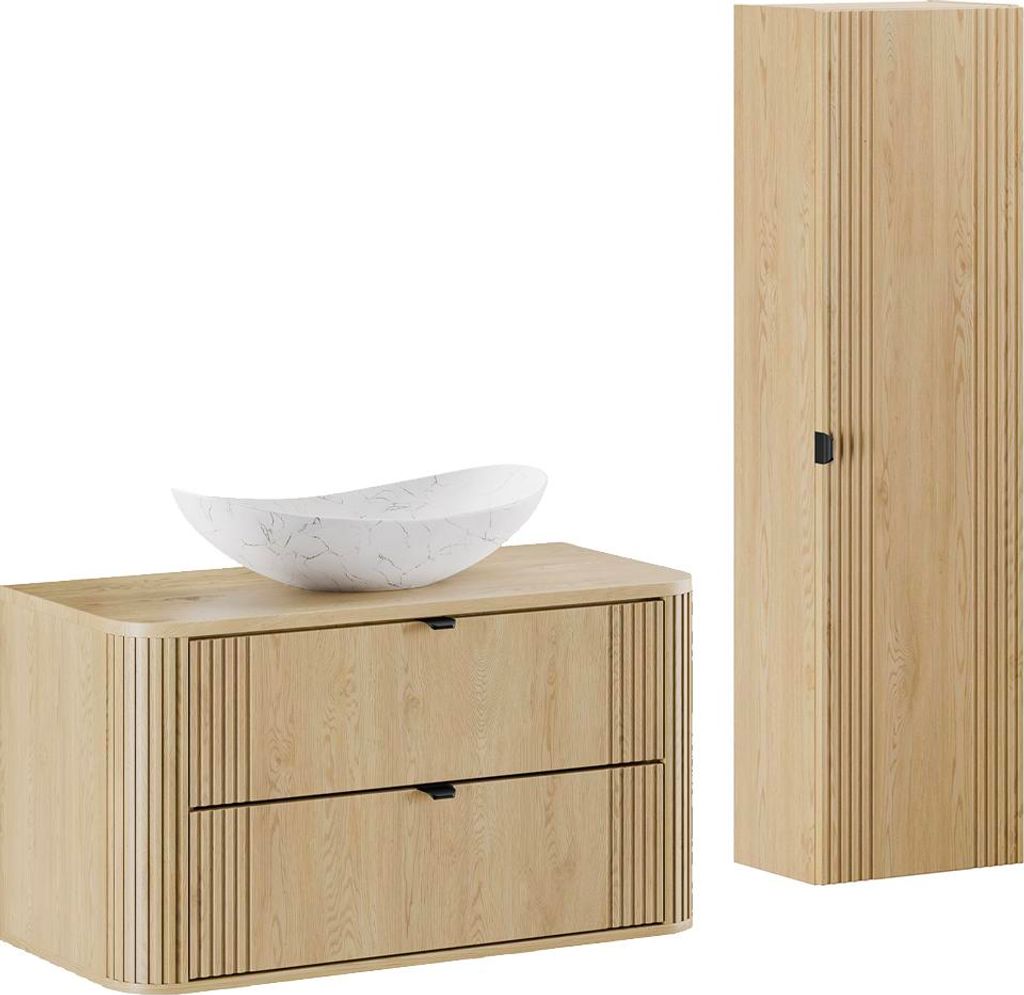 Waschtisch und Hängesäule 100.4cm Mila mit 2 Schubladen, Helle Eiche