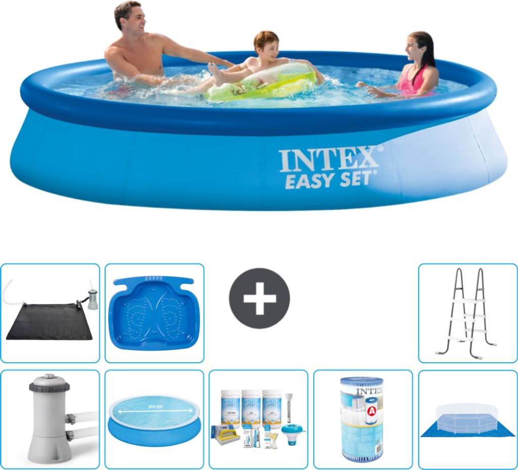 Intex runder aufblasbarer Easy Set-Schwimmpool – 366 x 76 cm – Blau – inklusive Pumpe Sonnensegel - Wartungspaket - Filter - Bodenplane - Sol...