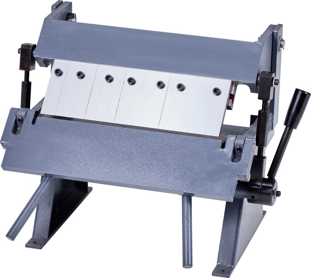 A metal sheet metal bending machine is shown against a white background.