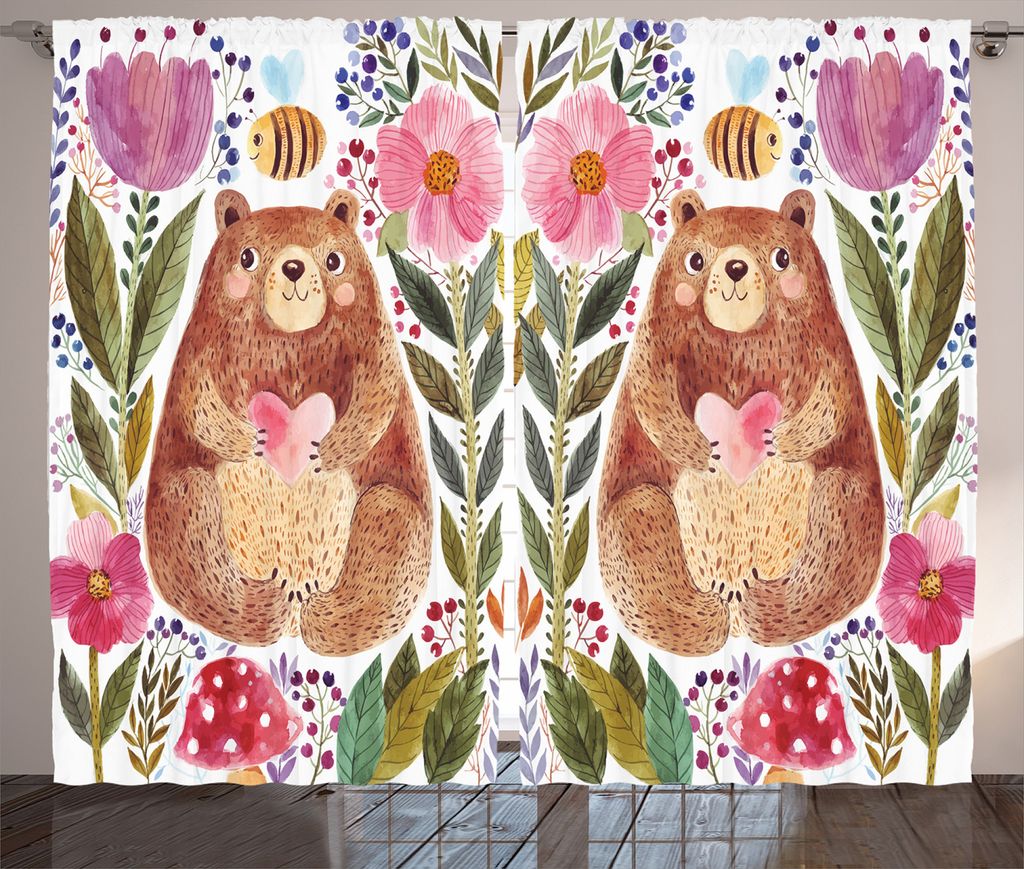 ABAKUHAUS Bunt Rustikaler Vorhang, Bär mit Blumen, Wohnzimmer Universalband Gardinen mit Schlaufen und Haken, 280 x 175 cm, Mehrfarbig