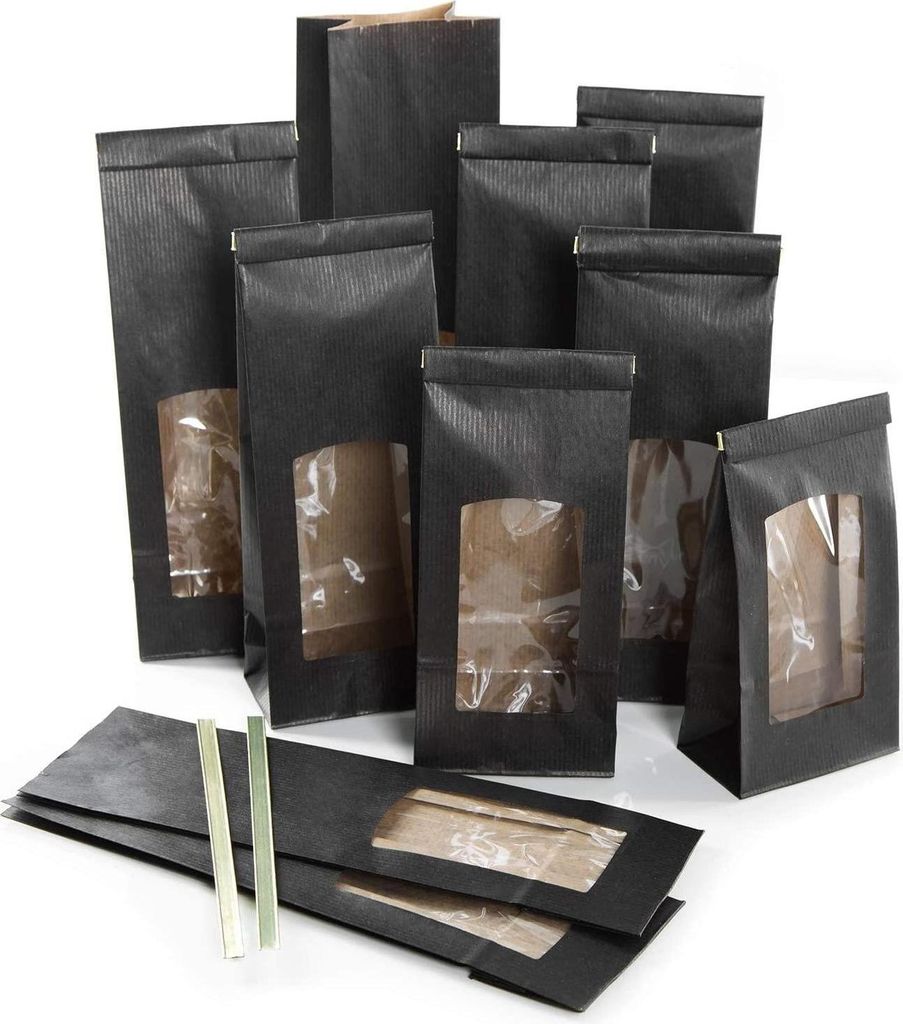 Logbuch-Verlag 10 Blockbodenbeutel schwarz mit Sichtfenster & Folieneinlage - Gewürzbeutel Teetüte Lebensmittelverpackung mit Verschluss 8,5 x 5 ...