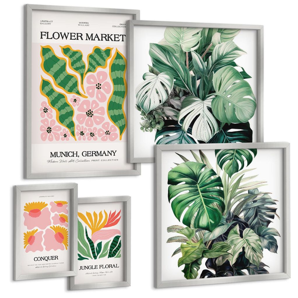 Bilder Set 5-teilig im silbergerahmten Rahmen – Wandbilder 5 Stück – gerahmte Poster für Wohnzimmer, Schlafzimmer und Flur – 50x50 cm - 40x...