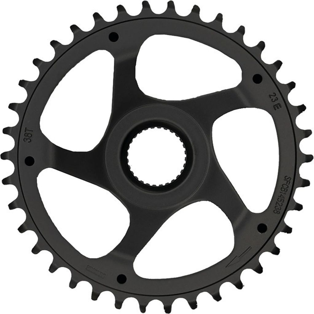 A black bicycle chainring with cutouts and teeth, isolated on a white background.