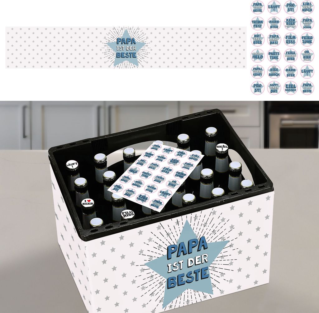 Bierkasten Banderole 'Papa ist der Beste' Papier L140cm DIY Bastelset für Bierkiste 24 Sticker Männergeschenk