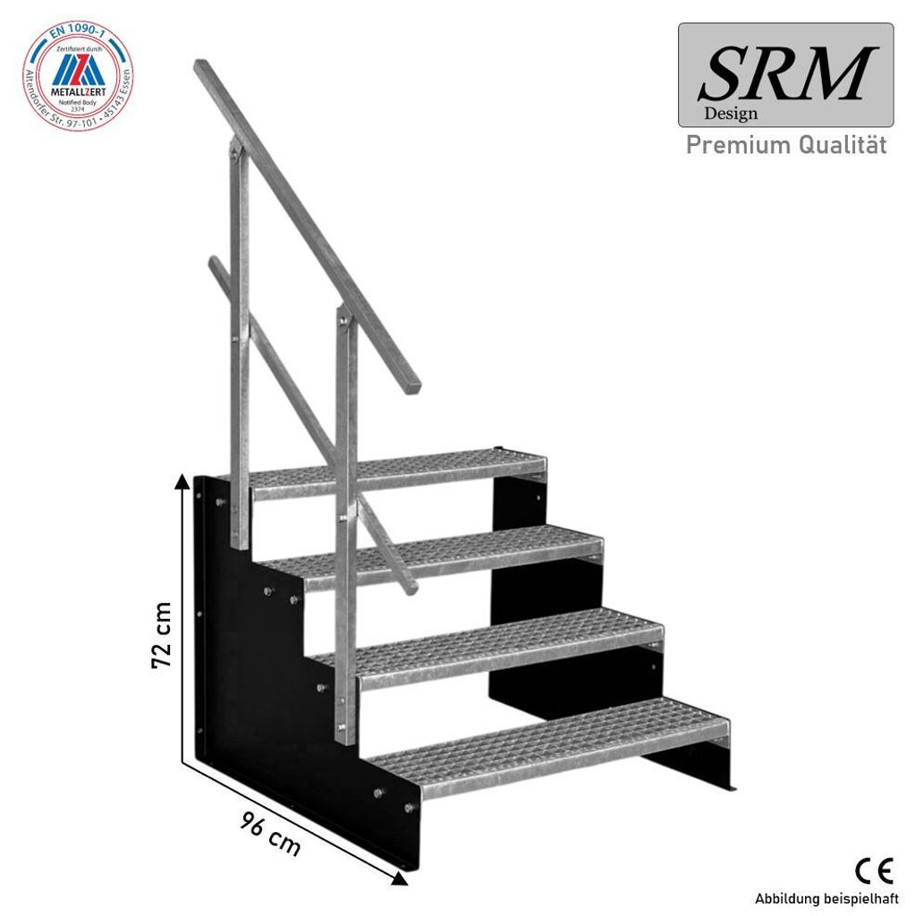 4 Stufen Standtreppe Modell 2 freistehend schwarz Treppe Stahltreppe Tritthöhe 18 cm Breite 150 cm Höhe 72 cm 1x Geländer