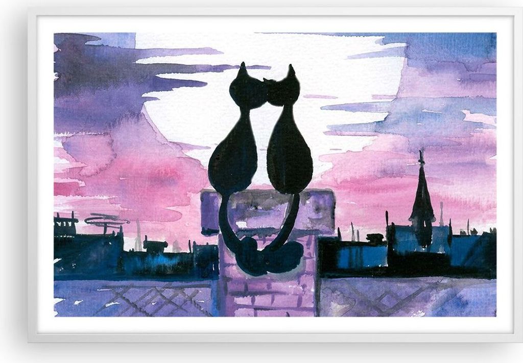 Gerahmtes Poster - Weißer Rahmen - Katzen Dach Liebe Tier - 91,5x61 cm - Wand Bild - Wanddeko - Wandbilder - Kunstposter - Wandposter - Bilderrahm...