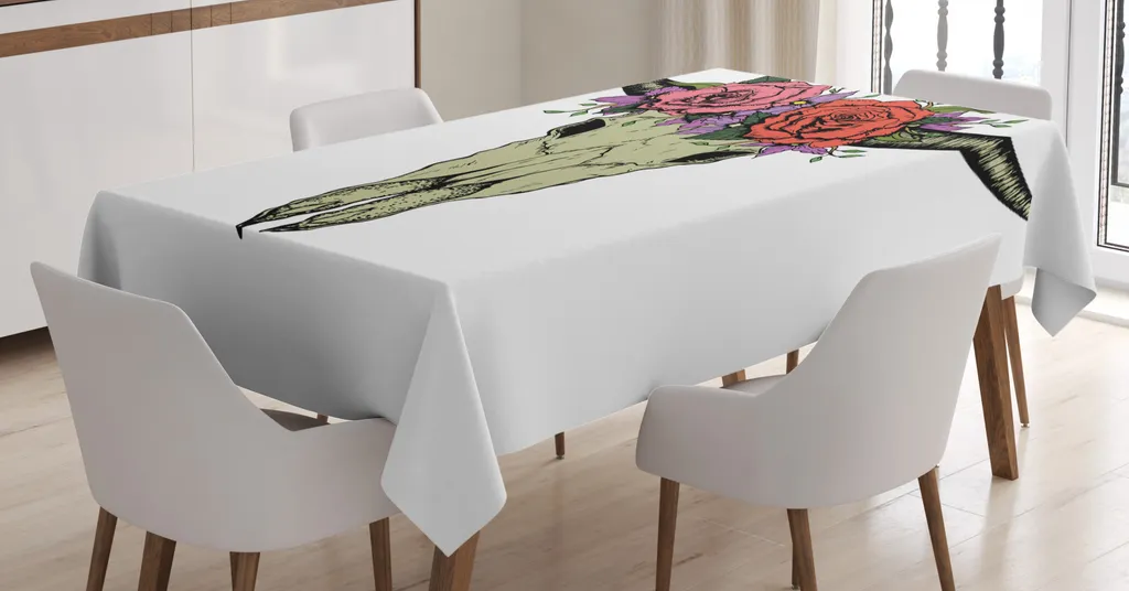 ABAKUHAUS Tovaglia con bufalo, teschio di bisonte con fiori, stampa personalizzata Colori vivaci senza scolorimento Lavabile per uso esterno, 140 x 240 cm, multicolore Bianco