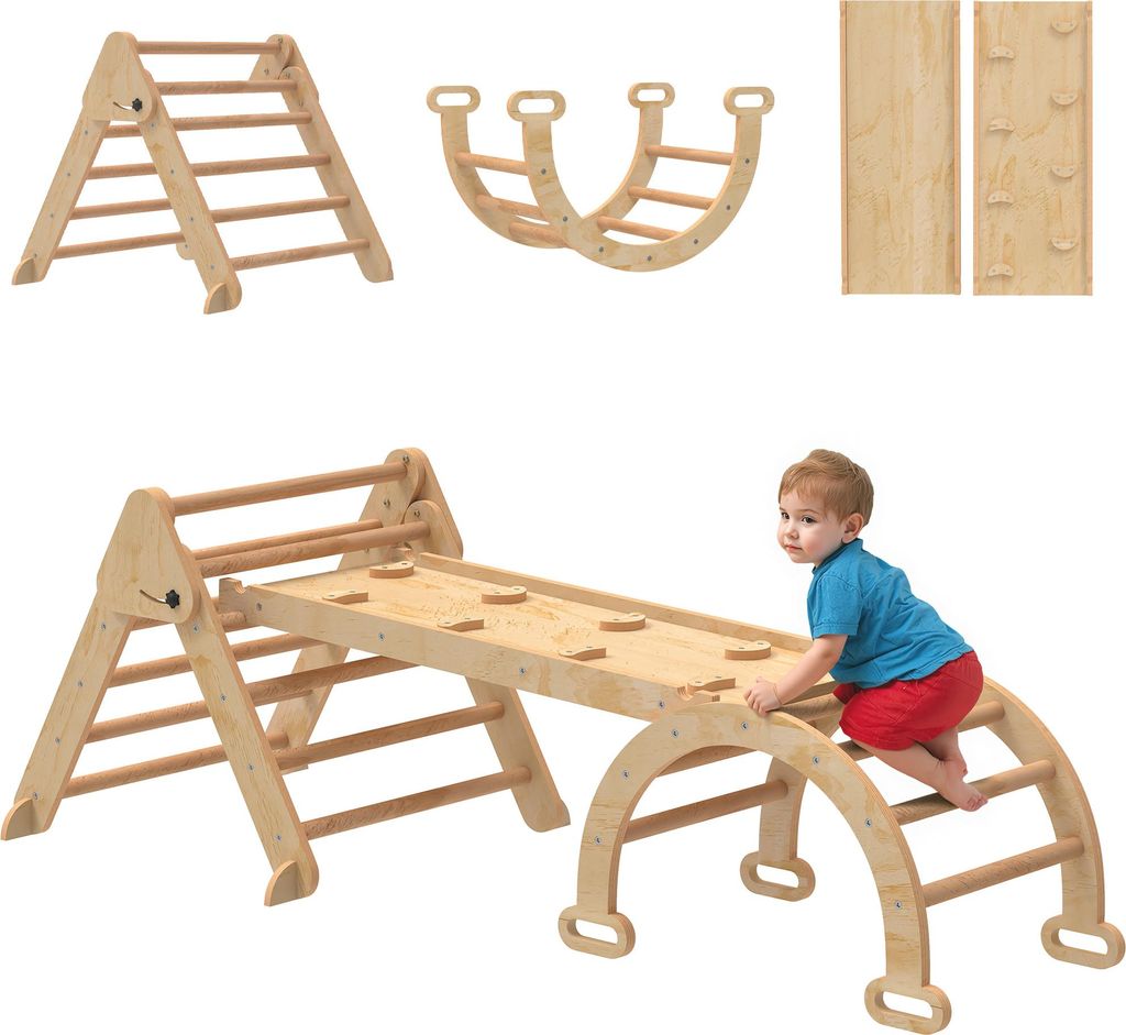 7-in-1 Klettergerüst, Bogenleiter, Dreiecksleiter, Rampe, Kletterwand, Rutsche, für Kinder von 1,5-4 Jahren, zusammenklappbar, Holz, Pappelholz