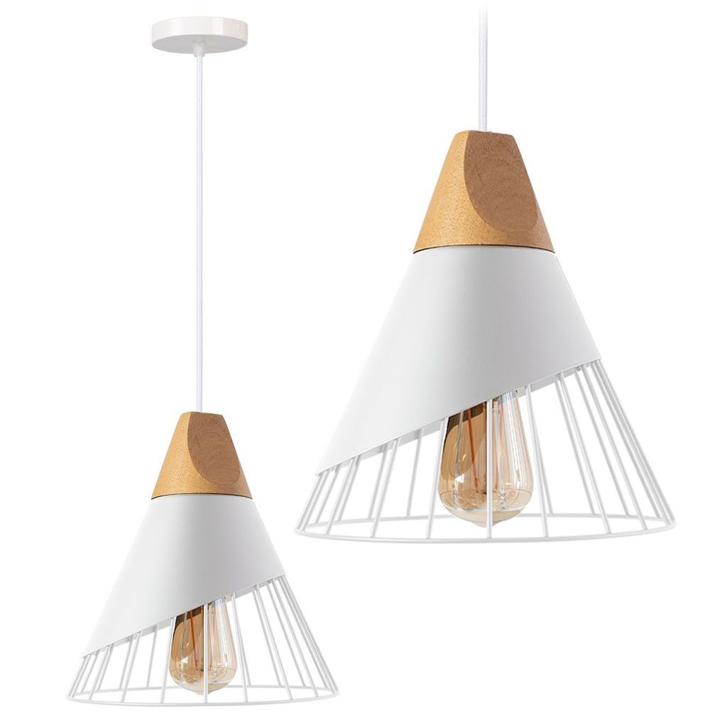 Two pendant lamps with a white conical shade and a wooden top, shown against a white background.