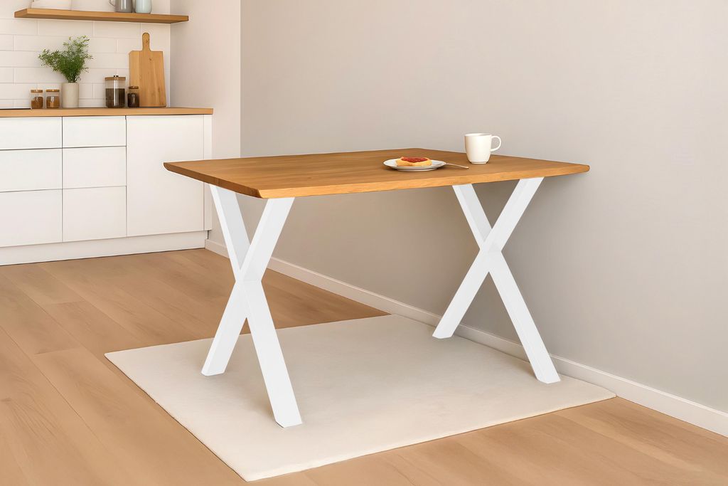 Esstisch Baumkante massiv Eiche geölt 160 x 85 cm X-Gestell weiß SALVADOR