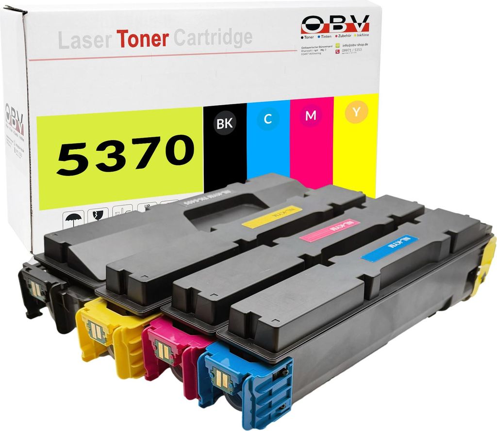 A set of four toner cartridges for a printer, displayed in front of their packaging box.