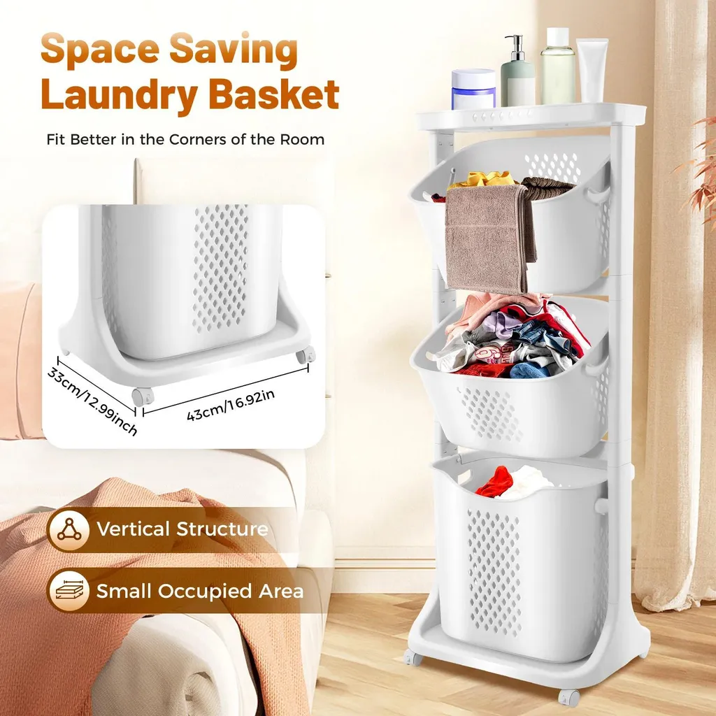 Desserte à linge blanche sur roulettes - Colonne de tri 3 compartiments