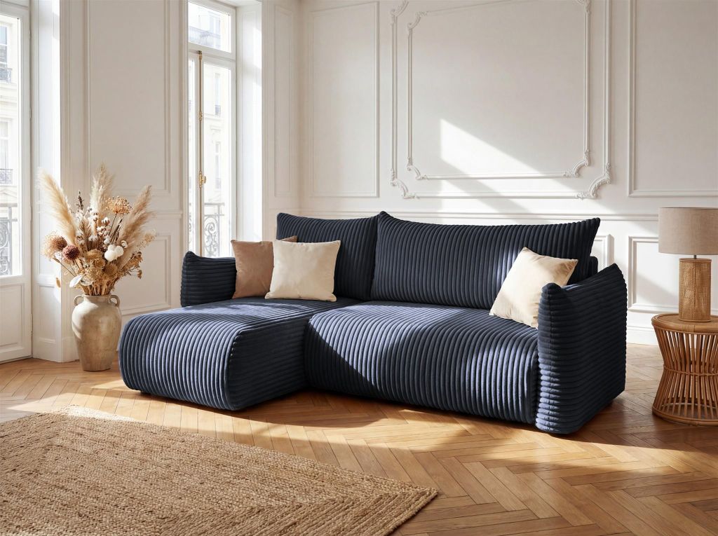 Ecksofa Schlafsofa MAILAND XS in Stoff Tilia Dunkelblau Ottomane Links