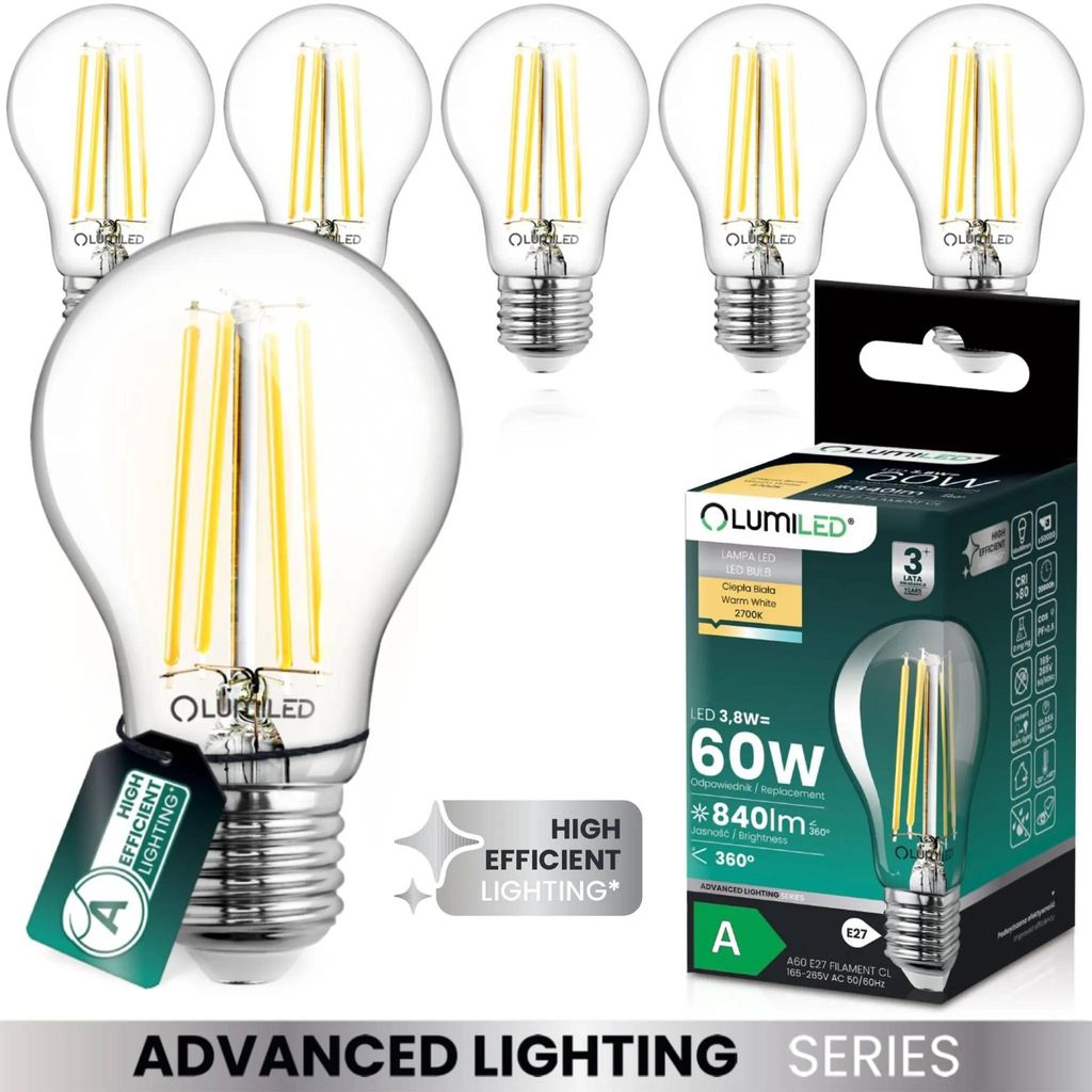 LUMILED zestaw 6 ultra-wydajnych żarówek LED A60 E27 3,8W Zdjęcie produktu 