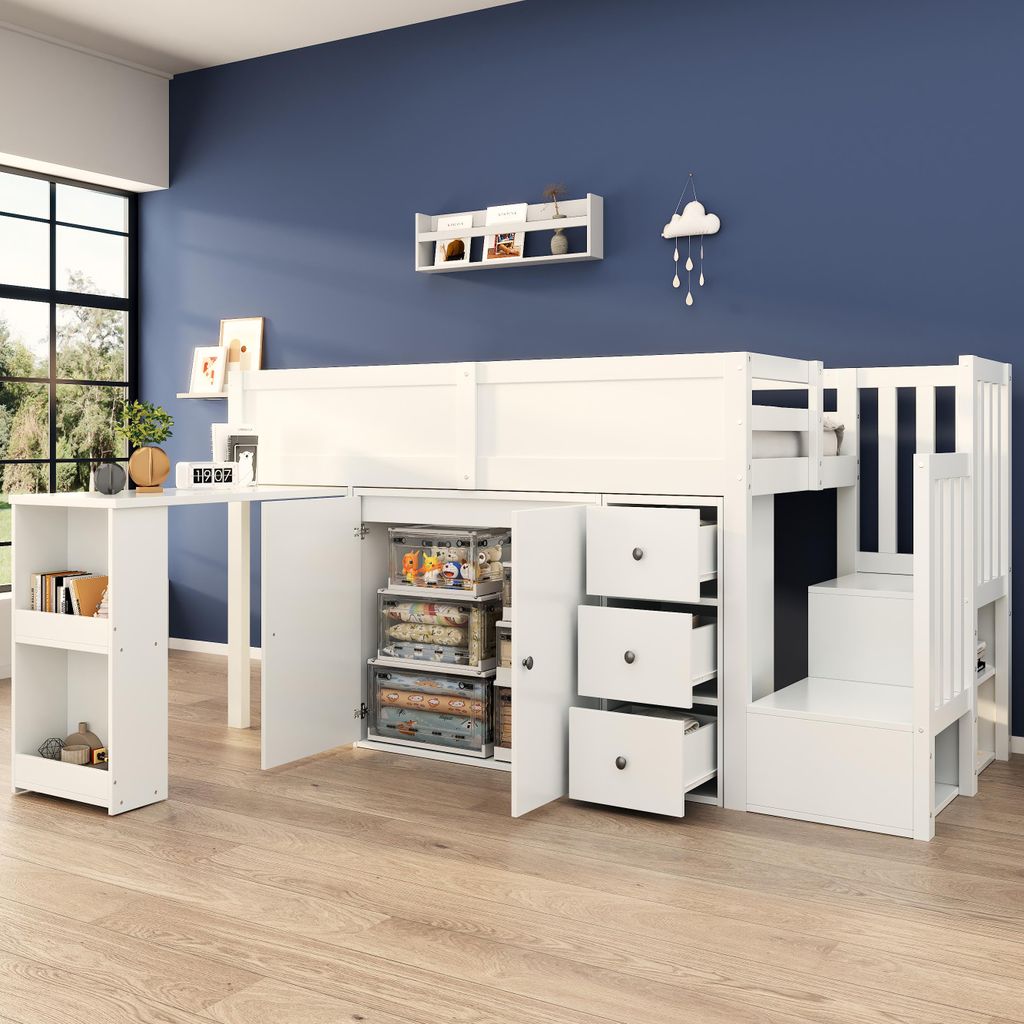 okwish Kinderhochbett Jugendbett Multifunktionales Kinderbett, mit Ausziehbarem Schreibtisch mit Treppe und Treppenschrank, mit Matratze, Weiß 90x...
