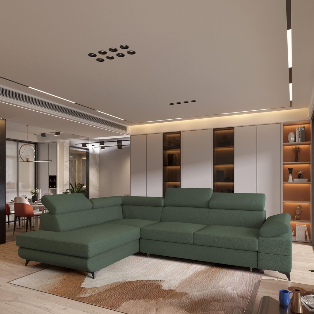 Masseno Ecksofa FAVIEN L-S mit Schlaffunktion L-Form, Sofa mit Bettkasten, Wohnzimmersofa, Couch, Soffa, Bettsofa, Couchgarnitur- Grün, QUELLE 37