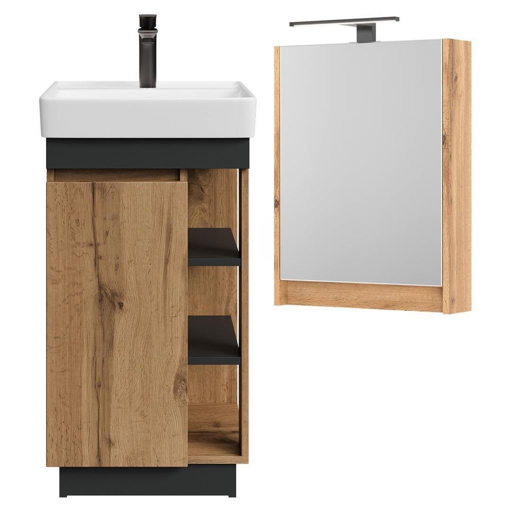 Planetmöbel Nyx Badmöbel-Set Waschtisch 50 cm mit Spiegelschrank und Armatur Wotan Eiche / Anthrazit