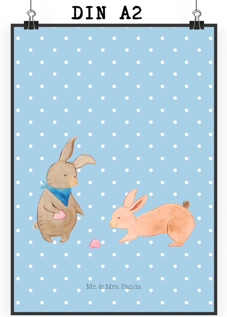 Mr. & Mrs. Panda Bild Hasen Muschel DIN A2 - Blau Pastell - Geschenk, Plakat, Muttertag, Urlaub, Wandschmuck, Strand, drucke, Ferien, Best Friends,...