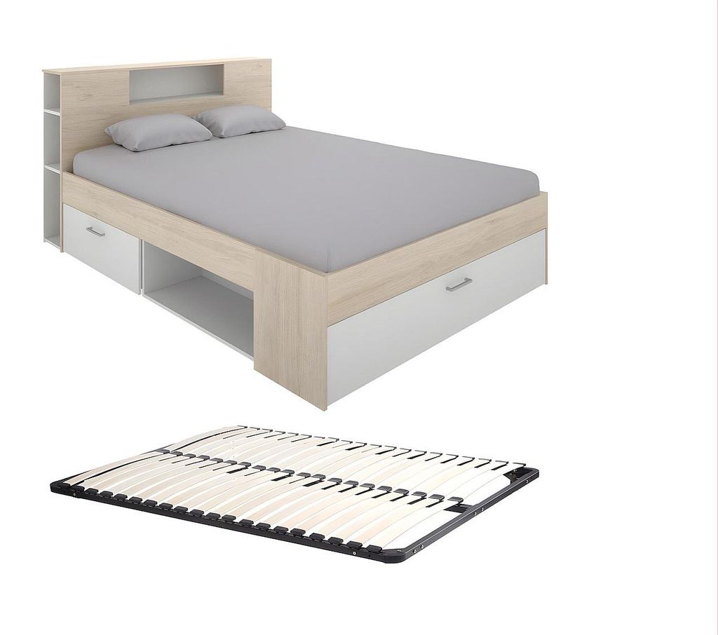 Bett mit Kommode und Schubladen - 140 x 190 cm - Farbe: Natur und weiß + Rahmen - LEANDRE