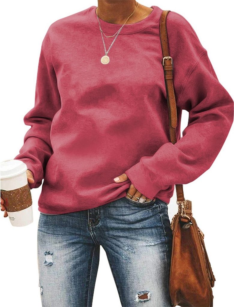 ASKSA Damen Pullover Rundhals Einfarbige Sweatshirt Herbst Winter Langarmshirt Casual Lose Oberteile, Rot, S