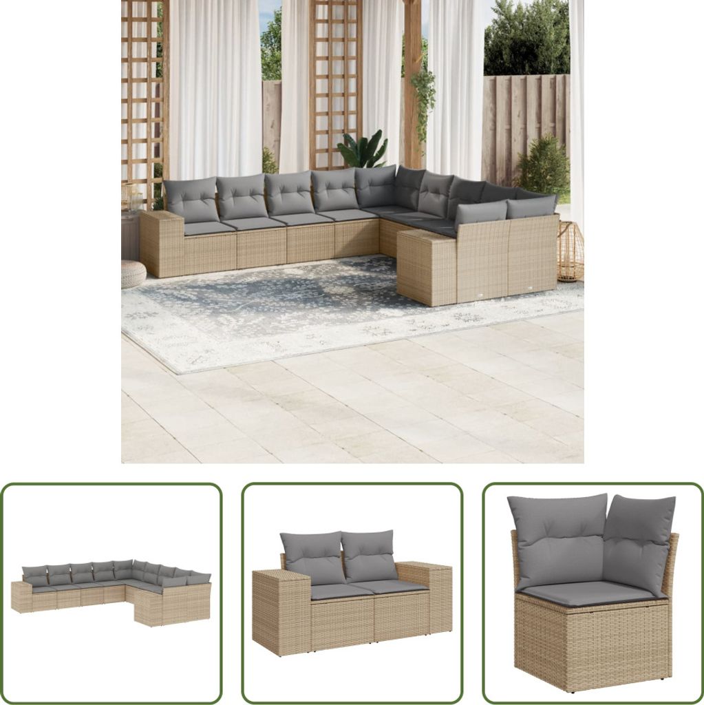 The Living Store 10-tlg. Garten-Sofagarnitur mit Kissen Beige Poly Rattan