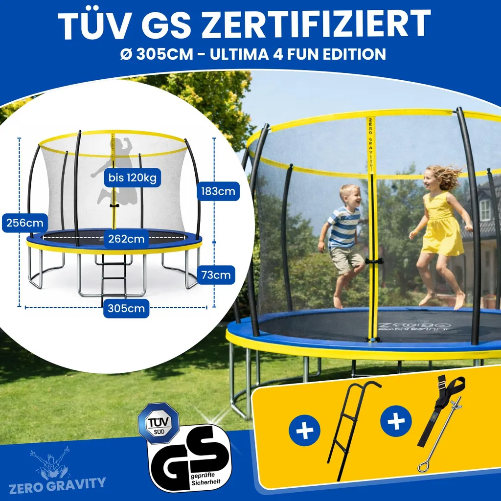 Trampoline 305 cm Stable et Sûr Zero Gravity : Sécurité Maximale 120kg