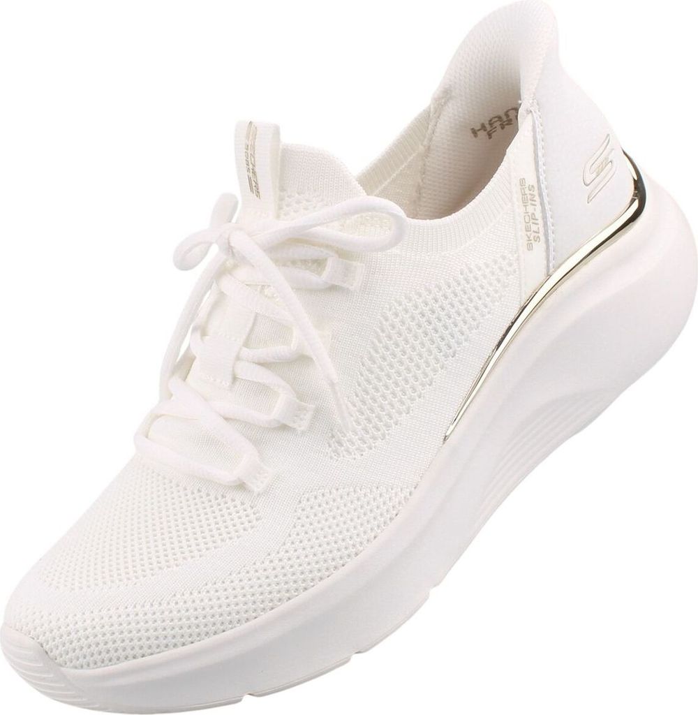 A white Skechers women's sneaker is shown against a white background.