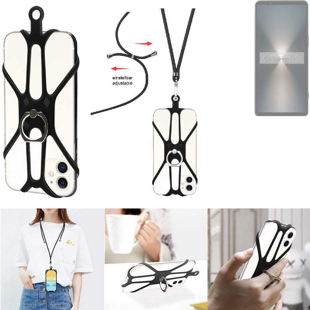 K-S-Trade 3in1 Handykette Handyband Handykordel Halsband Smartphone-Ring Handy-Ring kompatibel mit Sony Xperia 1 VI Fingerhalterung Handyring