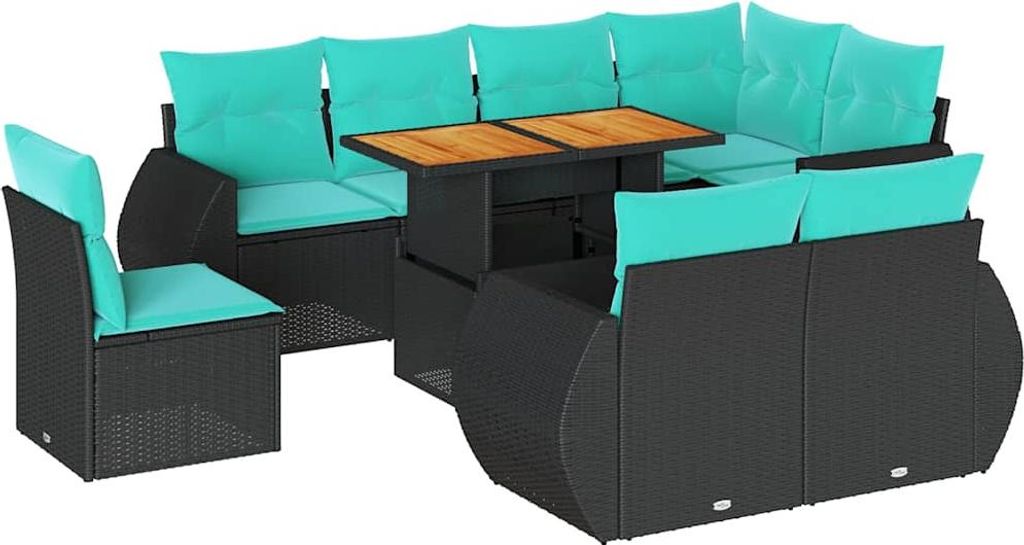 9-tlg. Garten-Sofagarnitur mit Kissen Schwarz Poly Rattan