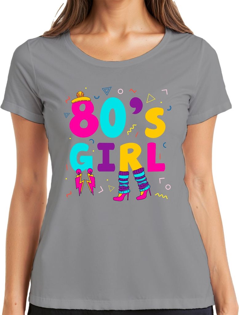 80's GIRL 80er Jahre Retro Neon 80s Memphis Beinwärmer Ohrringe Damen T-Shirt, Grau, XL