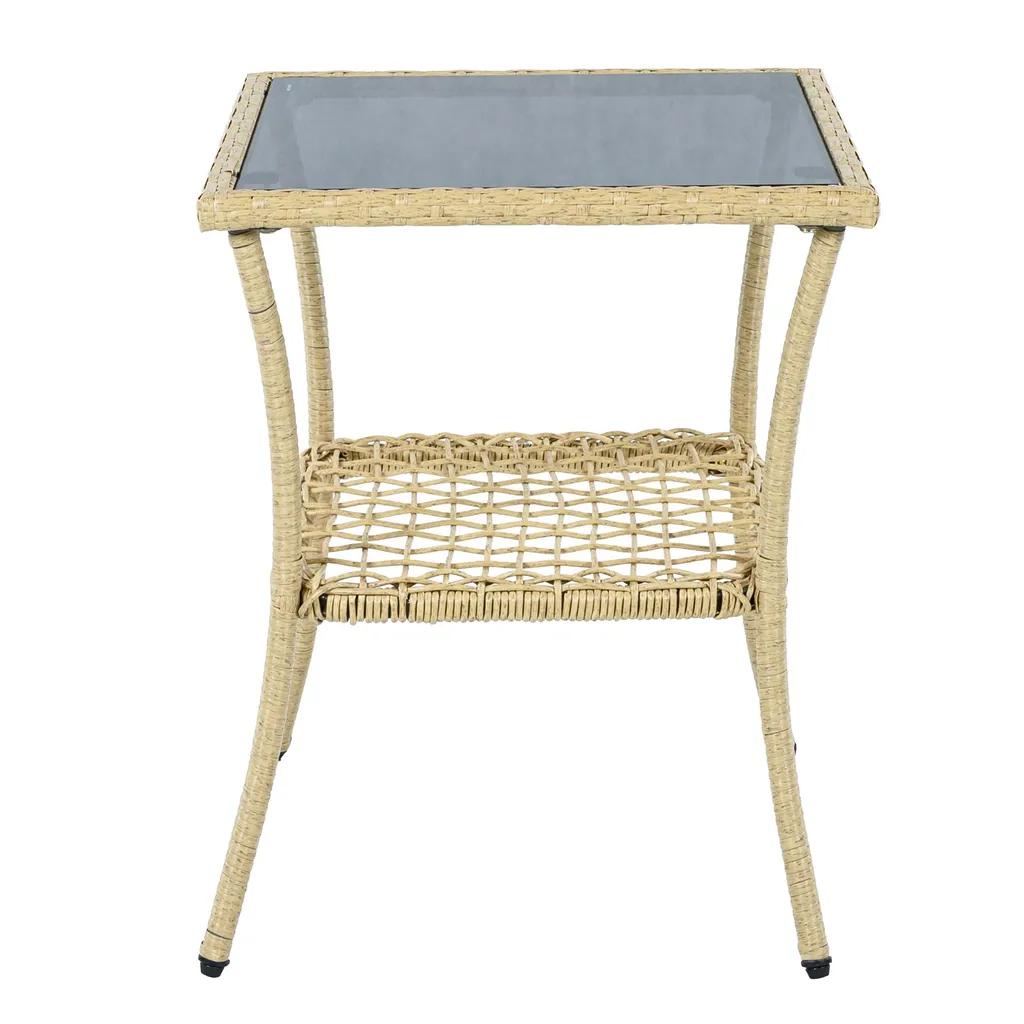 Fauteuil à bascule de balcon en rotin et table basse, coussins beiges - 17