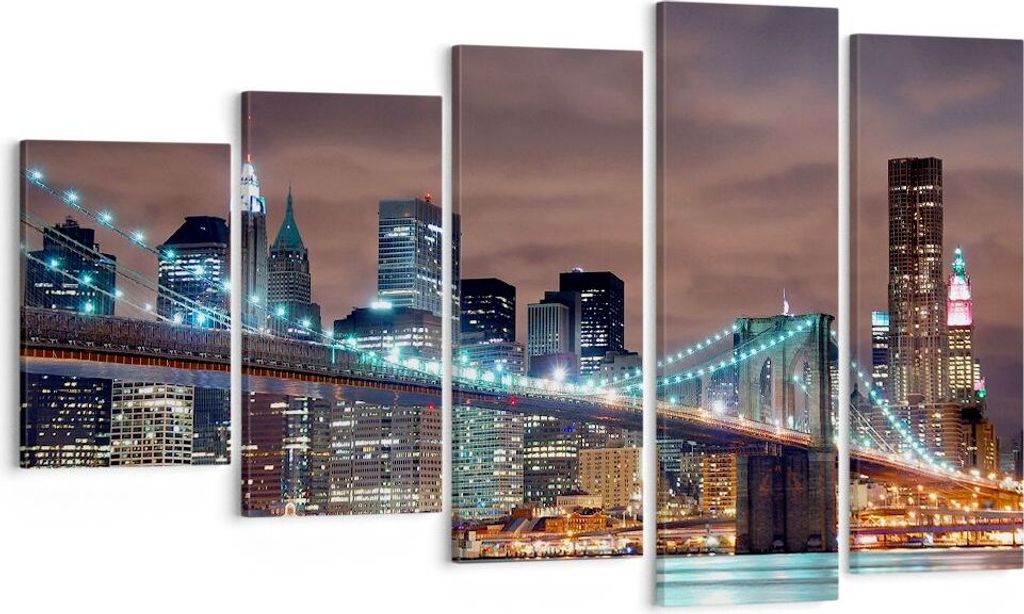 Bild auf Leinwand - Leinwandbild - Stadt Brücke Wolkenkratzer - 100x60cm - Wand Bild - Wanddeko - Leinwanddruck - Bilder - Kunstdruck - Wanddekora...