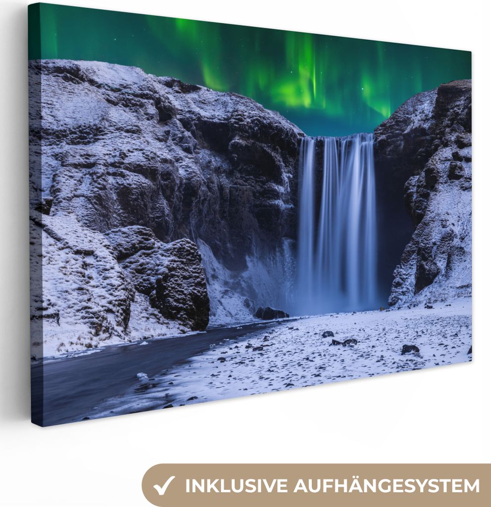 OneMillionCanvasses - Leinwandbilder - 140x90 cm, Nordlichter - Wasserfall - Schnee - Island, Wandbilder Kunstdruck Wanddekoration