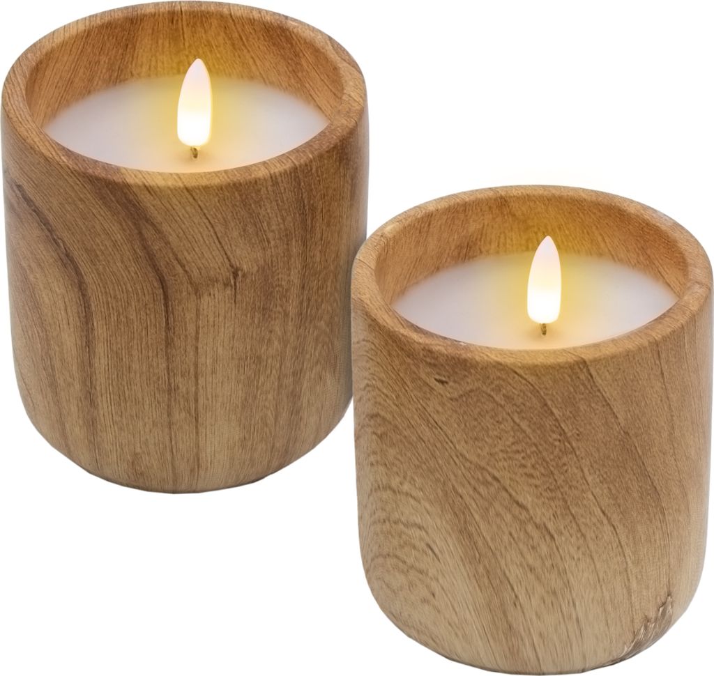 Two LED candles in wooden holders are shown against a white background.