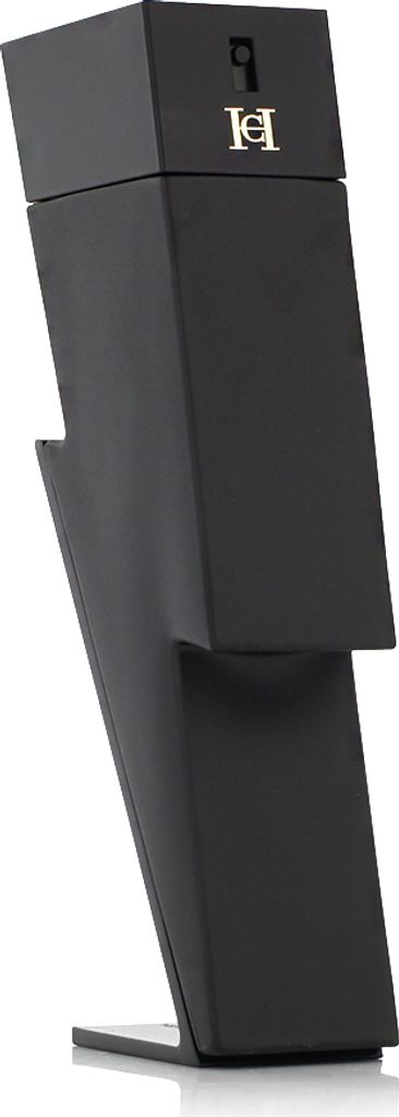 A black perfume bottle shaped like a lightning bolt.