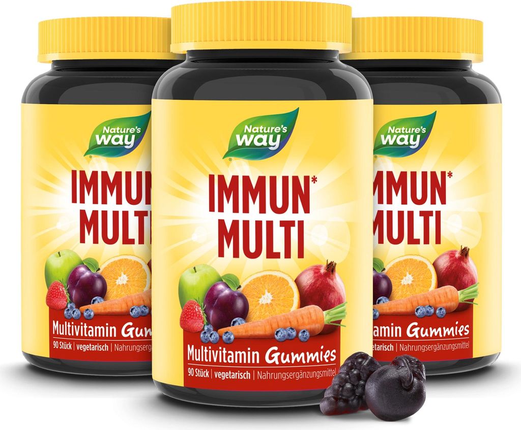 Immun Multivitamin Gummibärchen I Vitamin A, C, D3, Zink & Holunderbeer-Extrakt I Kirsch- und Trauben-Geschmack I 90 Stk – 3 Dosen
