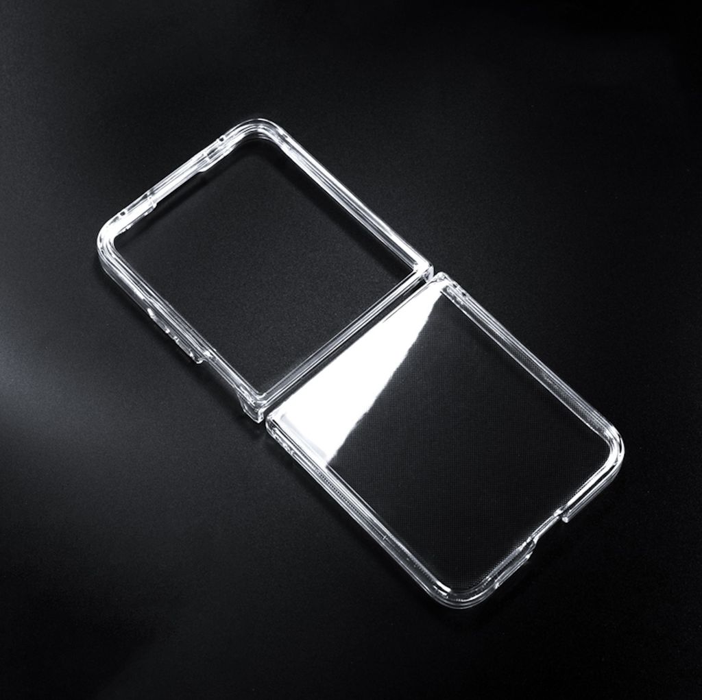 A clear plastic phone case for a foldable phone is shown on a black background.